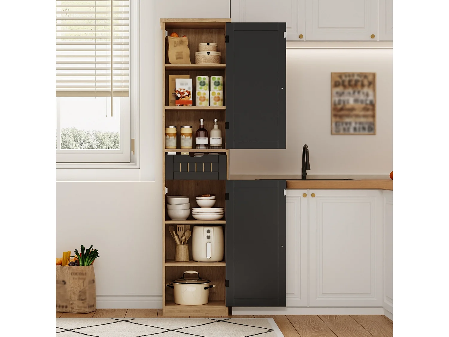 Colonne de rangement avec 2 portes, 1 tiroir et 4 étagères réglables, buffet de cuisine - 40 x 30 x 170 cm - MDF - Naturel + noir
