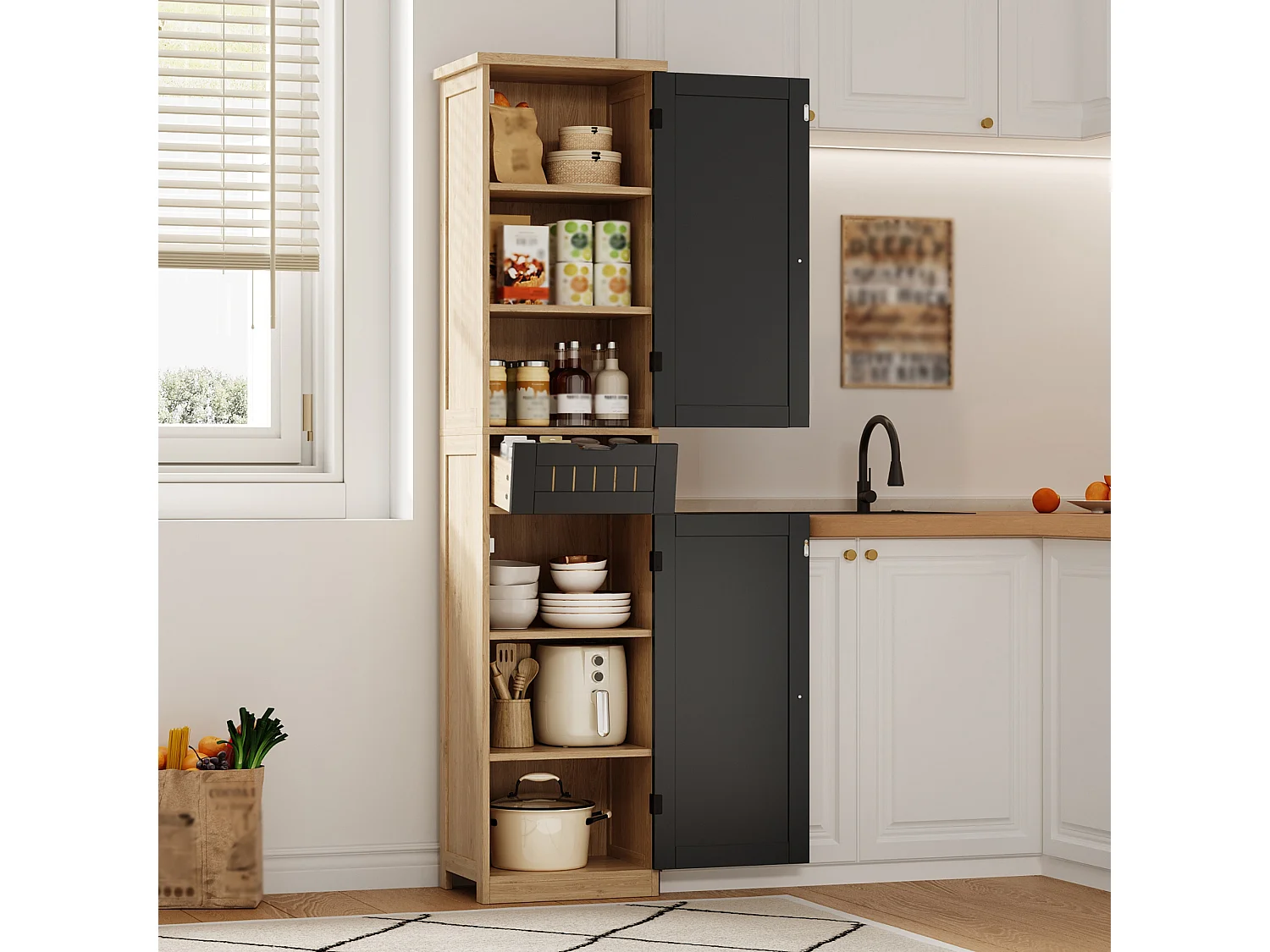 Colonne de rangement avec 2 portes, 1 tiroir et 4 étagères réglables, buffet de cuisine - 40 x 30 x 170 cm - MDF - Naturel + noir
