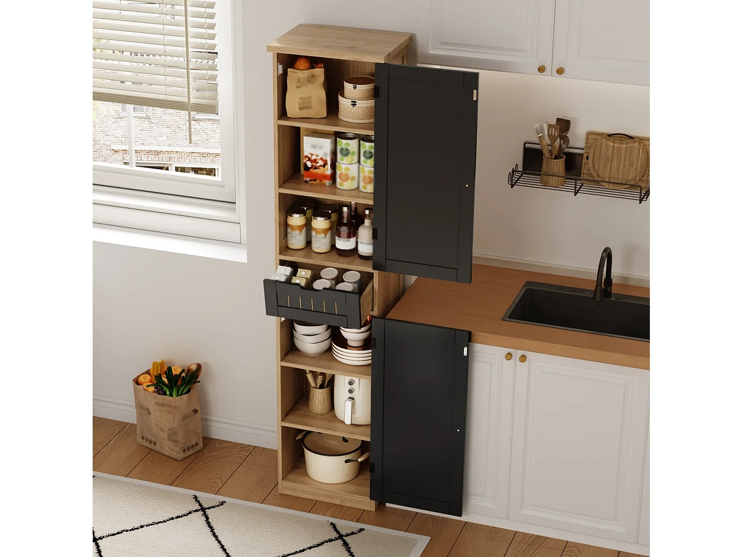 Colonne de rangement avec 2 portes, 1 tiroir et 4 étagères réglables, buffet de cuisine - 40 x 30 x 170 cm - MDF - Naturel + noir