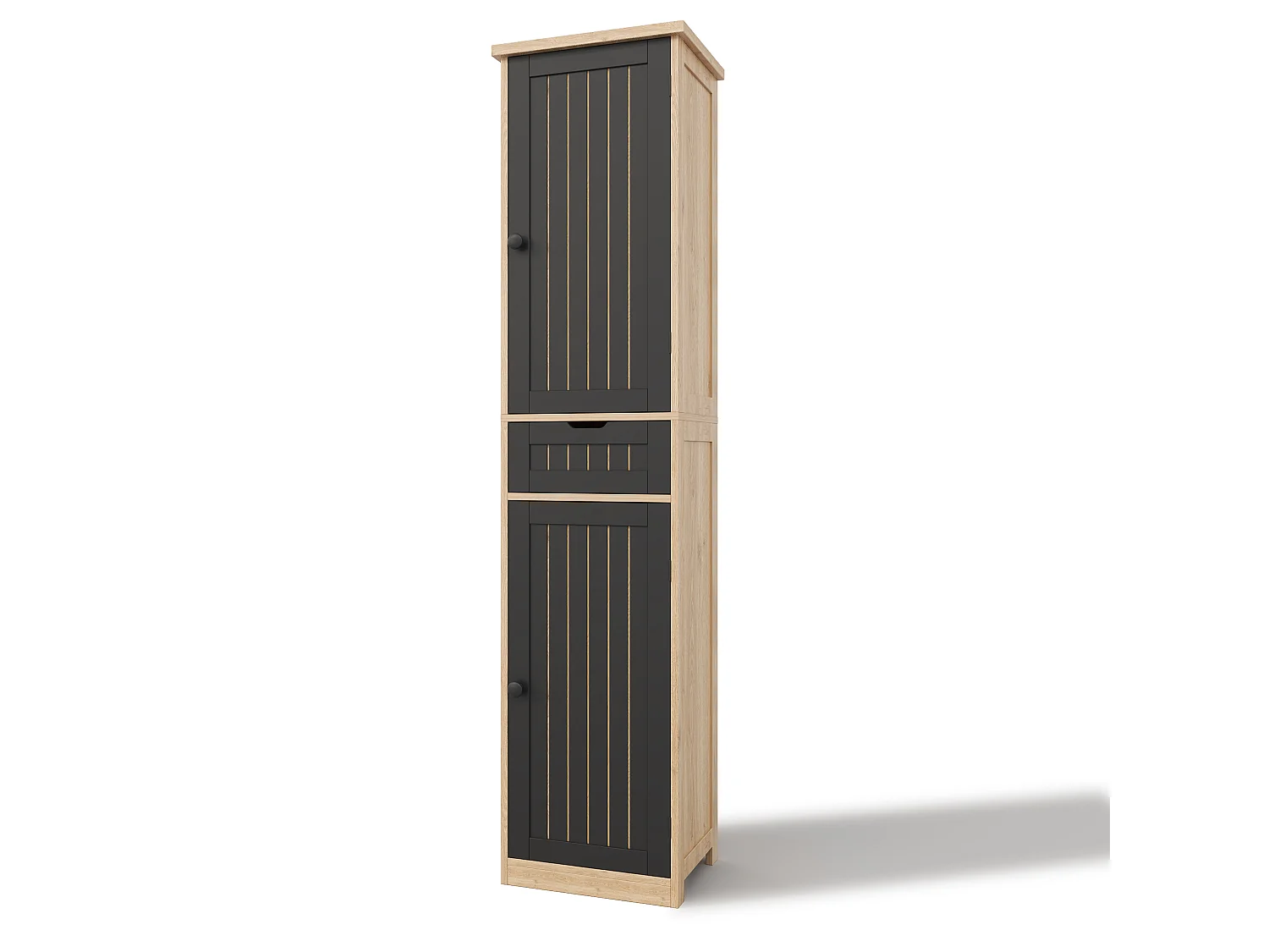 Colonne de rangement avec 2 portes, 1 tiroir et 4 étagères réglables, buffet de cuisine - 40 x 30 x 170 cm - MDF - Naturel + noir