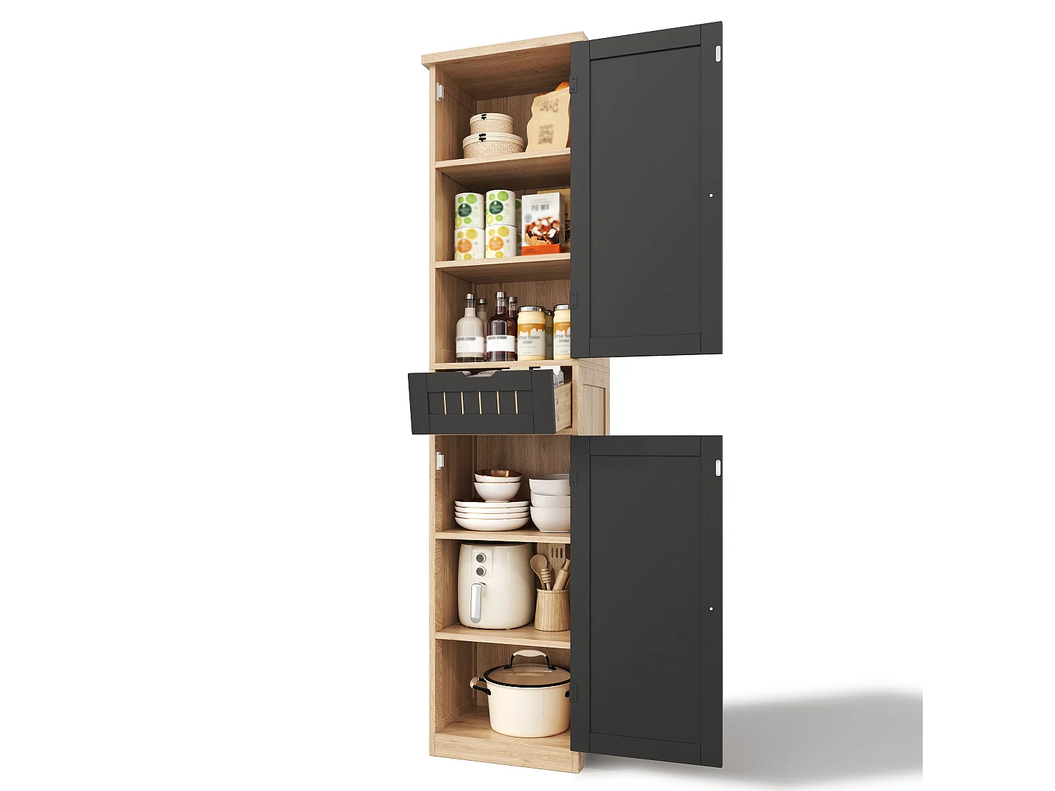 Colonne de rangement avec 2 portes, 1 tiroir et 4 étagères réglables, buffet de cuisine - 40 x 30 x 170 cm - MDF - Naturel + noir