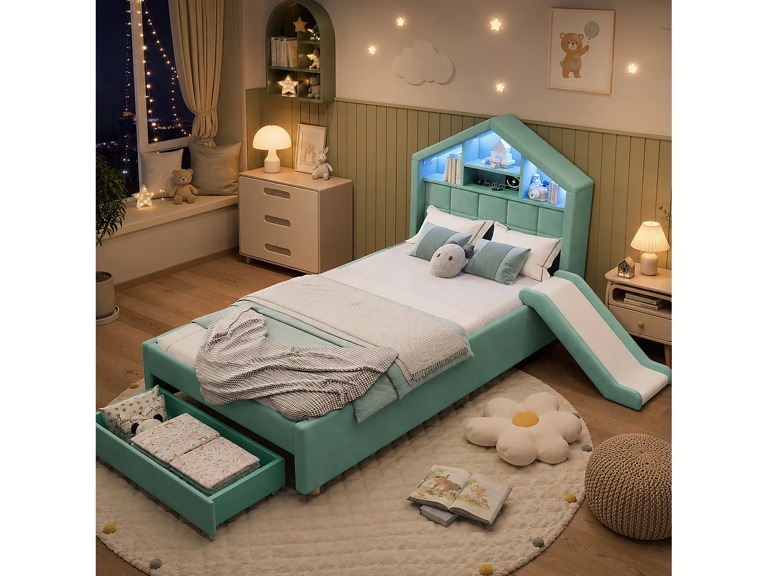 Kinderbett einfach gepolstert 90x200cm - mit LED und Ladeanschluss - mit Rutsche - links oder rechts montierbar - Velours - blau-grün (ohne Matratze)