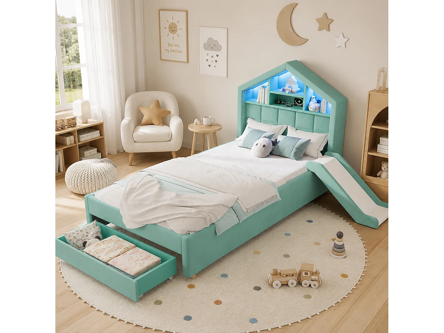 Kinderbett einfach gepolstert 90x200cm - mit LED und Ladeanschluss - mit Rutsche - links oder rechts montierbar - Velours - blau-grün (ohne Matratze)