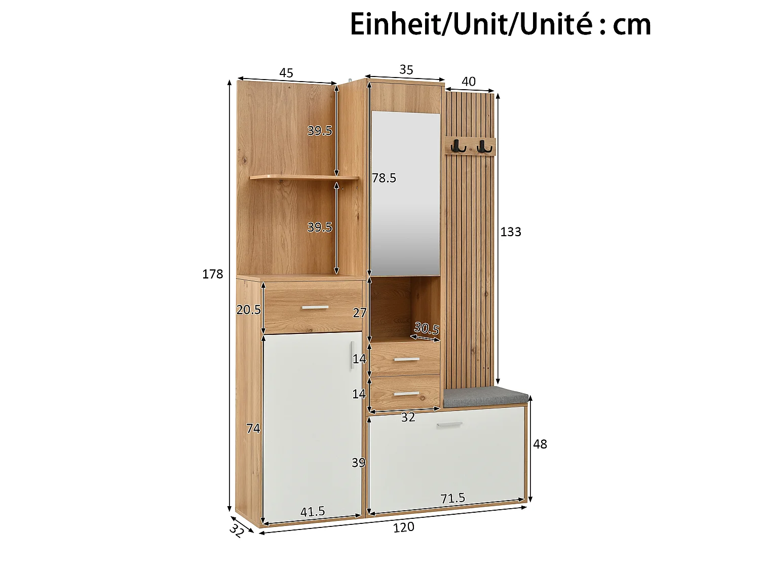 Set completo per ingresso - Mobile porta scarpe e panca - Con specchio e ganci - Con LED e 3 cassetti - Bianco e naturale