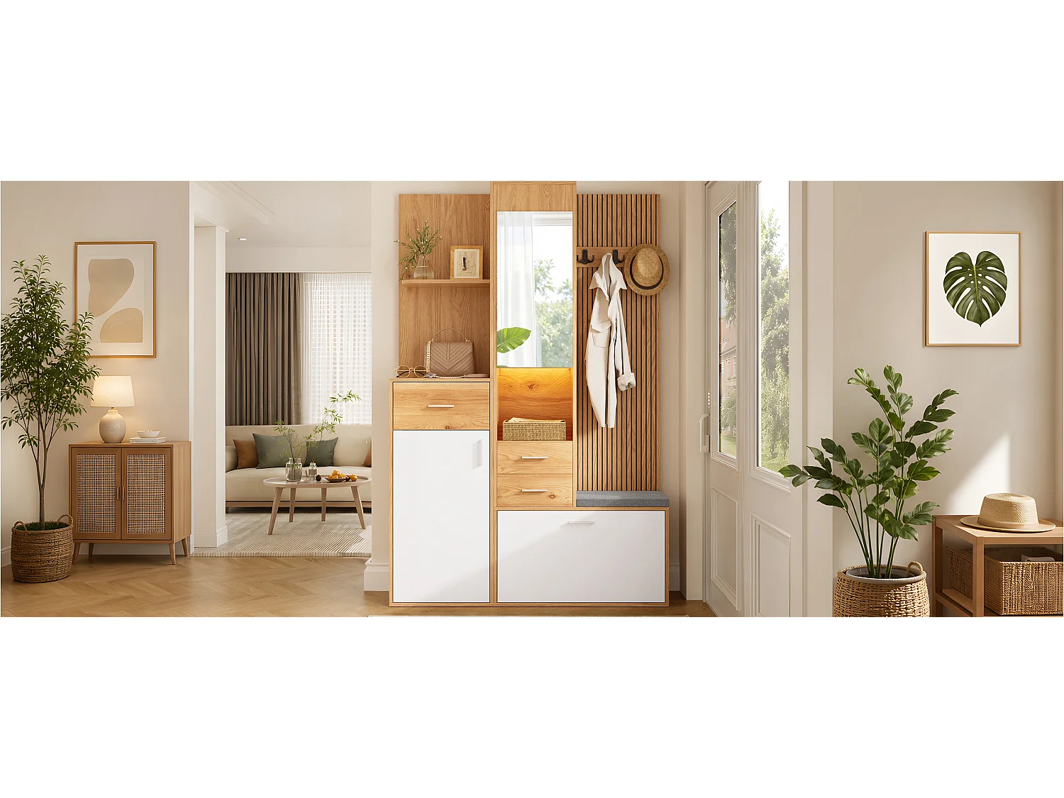 Set completo per ingresso - Mobile porta scarpe e panca - Con specchio e ganci - Con LED e 3 cassetti - Bianco e naturale