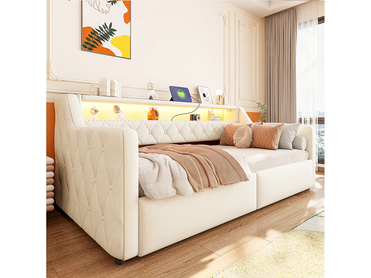 Canapéseng med opbevaring 90 × 200 cm - med LED-lysbånd - med USB + Type-C-interface - linnedstof - beige (madras ikke inkluderet)