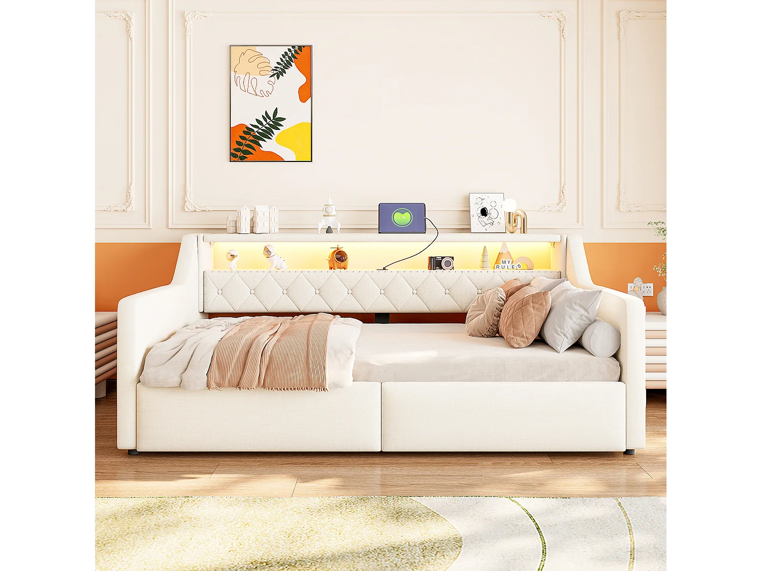 Canapéseng med opbevaring 90 × 200 cm - med LED-lysbånd - med USB + Type-C-interface - linnedstof - beige (madras ikke inkluderet)