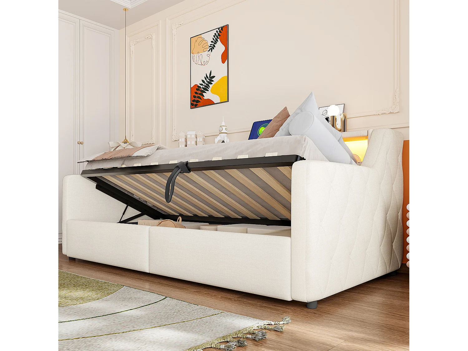 Canapéseng med opbevaring 90 × 200 cm - med LED-lysbånd - med USB + Type-C-interface - linnedstof - beige (madras ikke inkluderet)