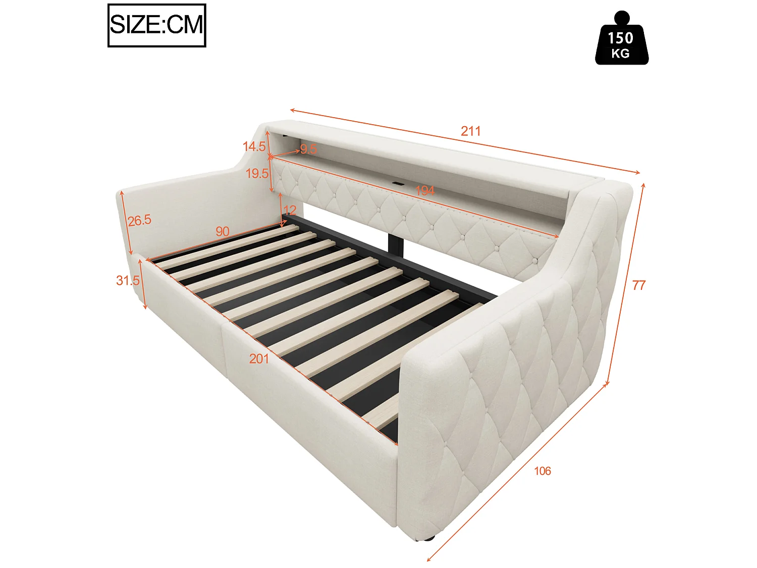 Canapéseng med opbevaring 90 × 200 cm - med LED-lysbånd - med USB + Type-C-interface - linnedstof - beige (madras ikke inkluderet)
