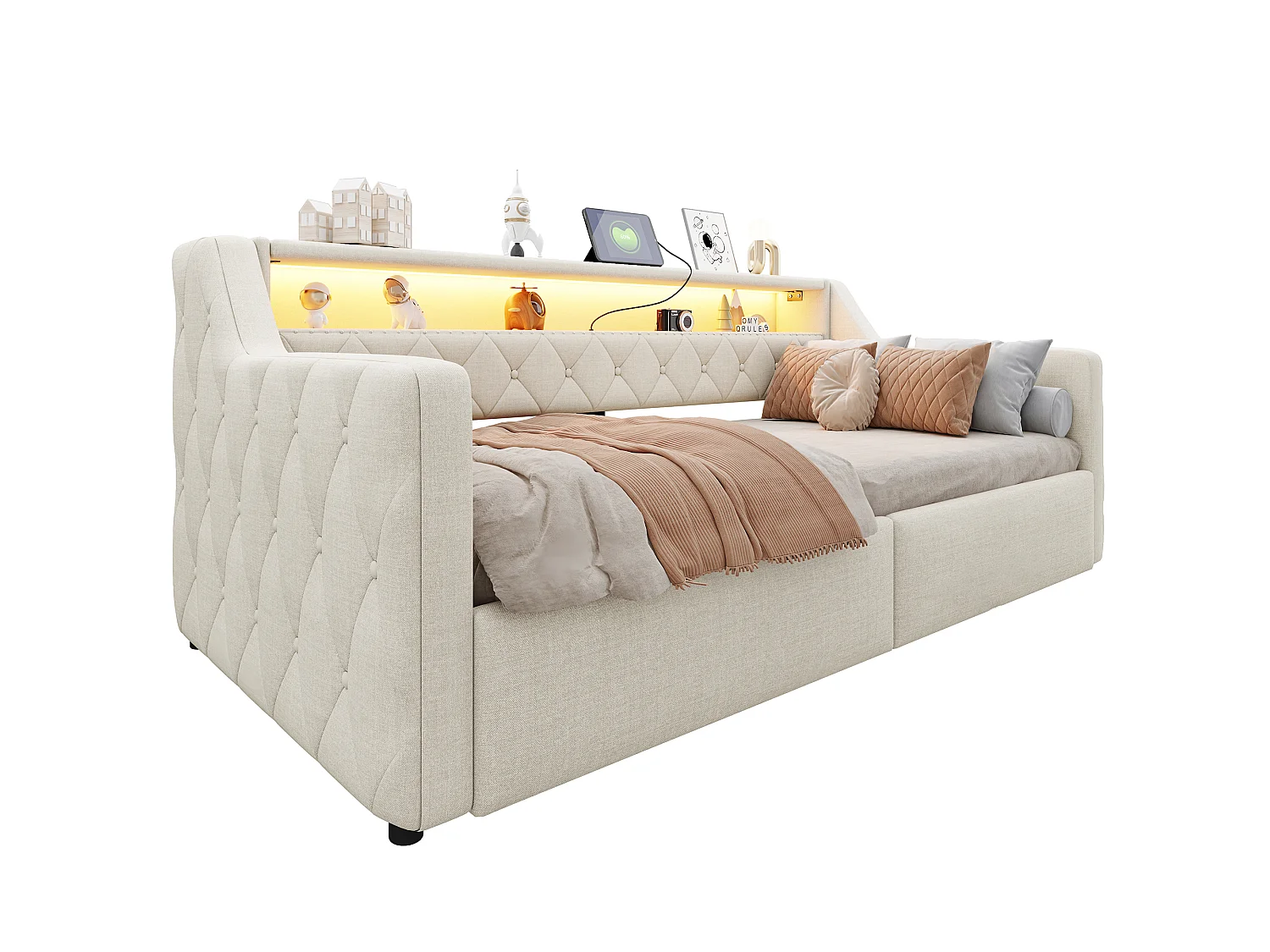 Canapéseng med opbevaring 90 × 200 cm - med LED-lysbånd - med USB + Type-C-interface - linnedstof - beige (madras ikke inkluderet)
