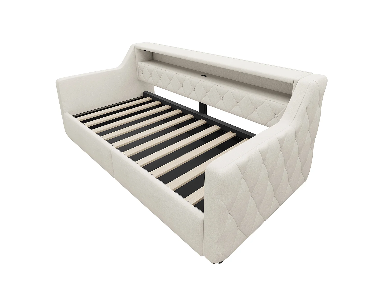 Canapéseng med opbevaring 90 × 200 cm - med LED-lysbånd - med USB + Type-C-interface - linnedstof - beige (madras ikke inkluderet)