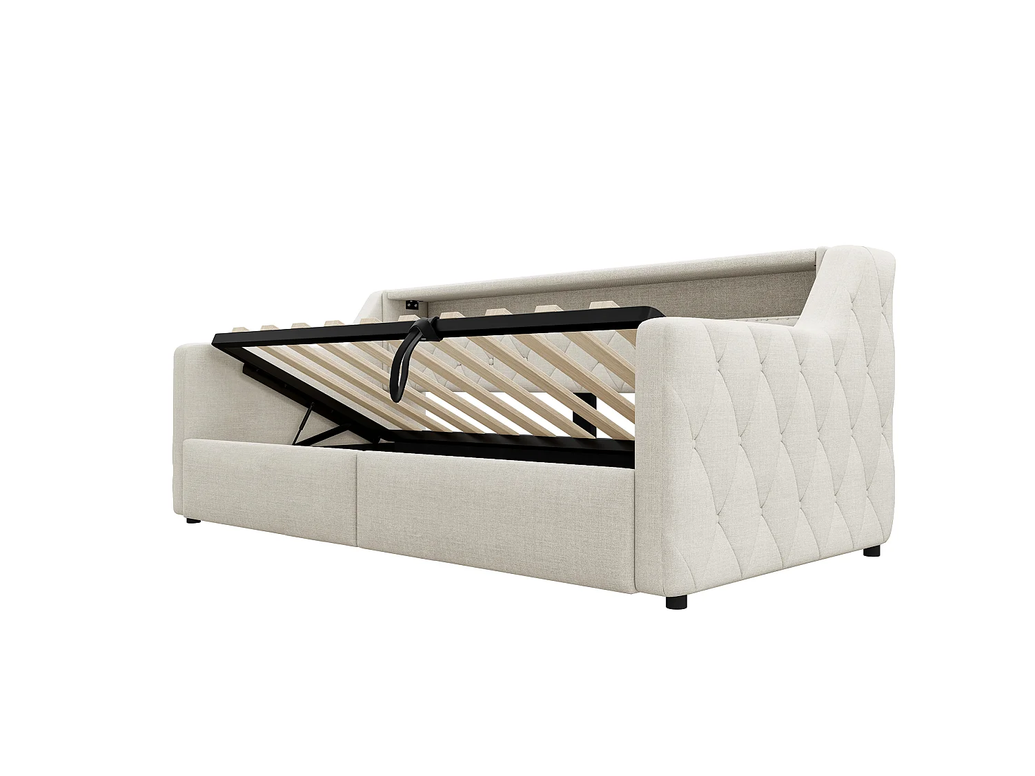 Canapéseng med opbevaring 90 × 200 cm - med LED-lysbånd - med USB + Type-C-interface - linnedstof - beige (madras ikke inkluderet)