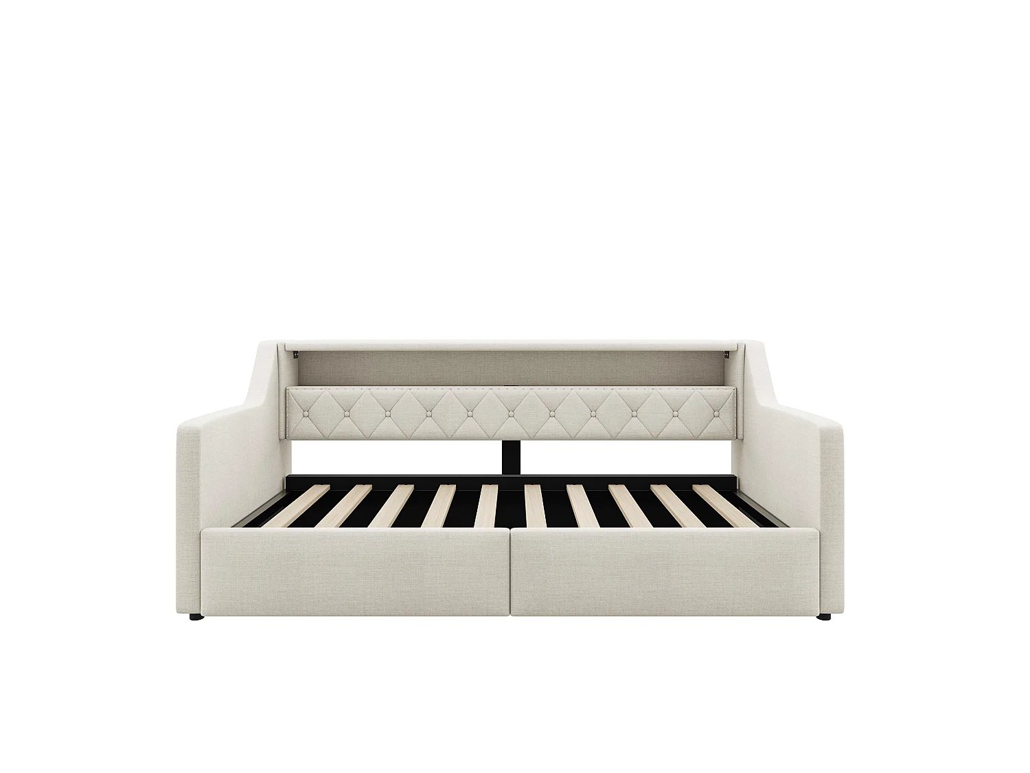 Canapéseng med opbevaring 90 × 200 cm - med LED-lysbånd - med USB + Type-C-interface - linnedstof - beige (madras ikke inkluderet)