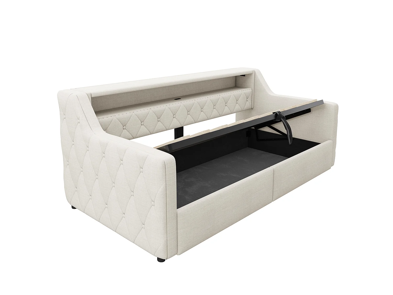 Canapéseng med opbevaring 90 × 200 cm - med LED-lysbånd - med USB + Type-C-interface - linnedstof - beige (madras ikke inkluderet)