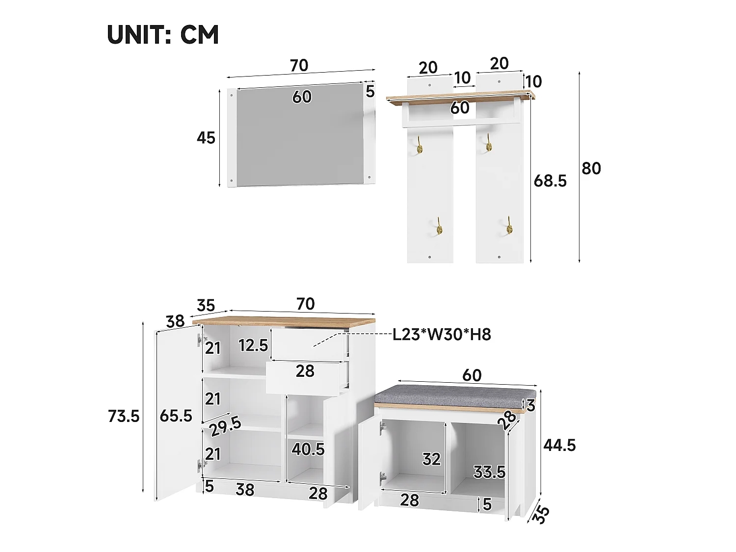 Zestaw wieszakowy do przedpokoju 130x35x124.5cm - z lustrem i szafką na buty - ławka na buty i stojak na ubrania - Biały