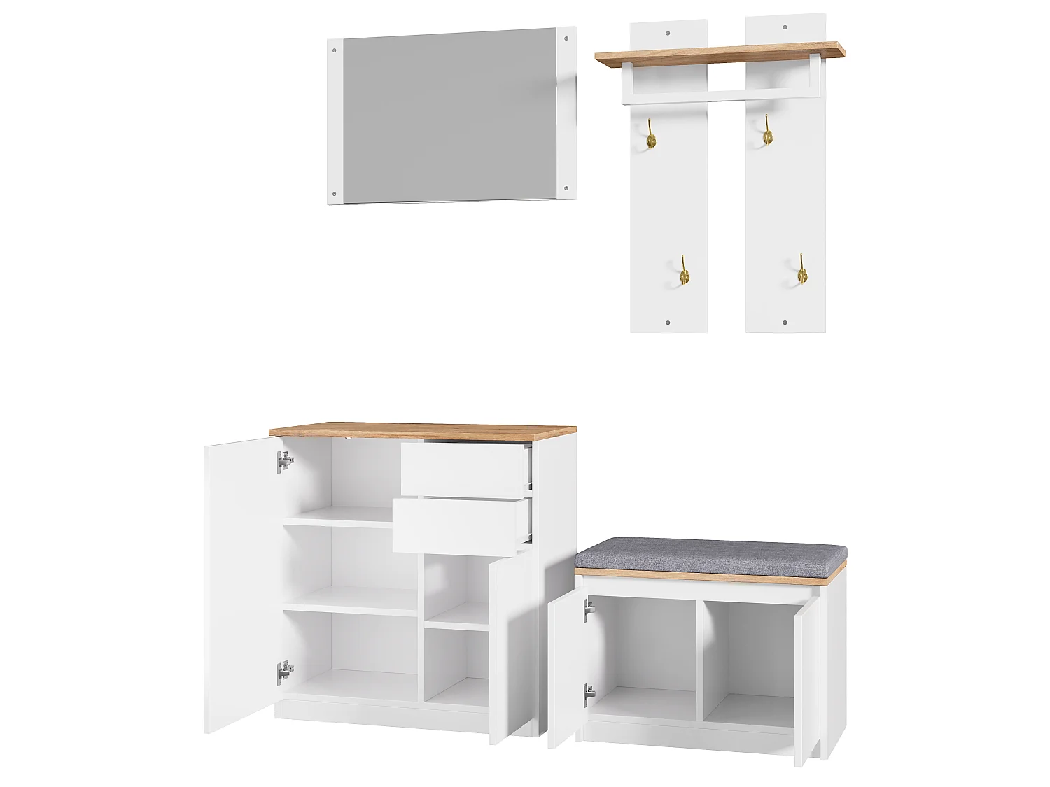 Zestaw wieszakowy do przedpokoju 130x35x124.5cm - z lustrem i szafką na buty - ławka na buty i stojak na ubrania - Biały