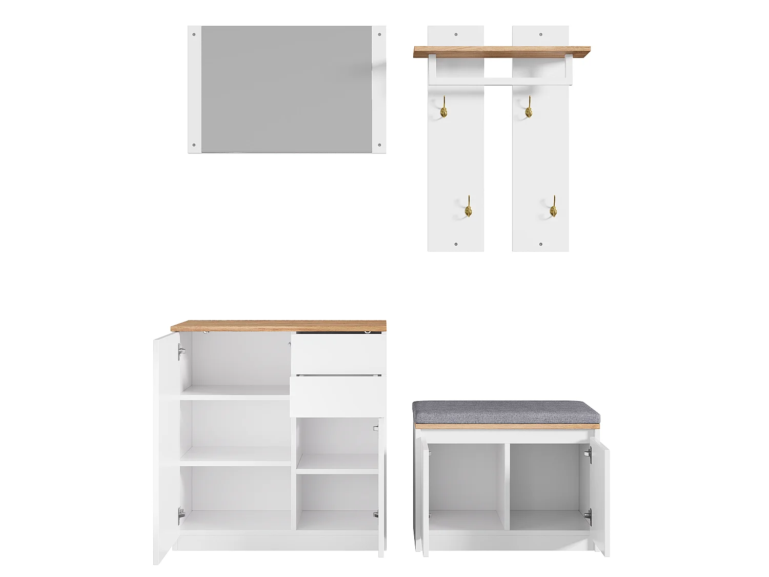 Zestaw wieszakowy do przedpokoju 130x35x124.5cm - z lustrem i szafką na buty - ławka na buty i stojak na ubrania - Biały