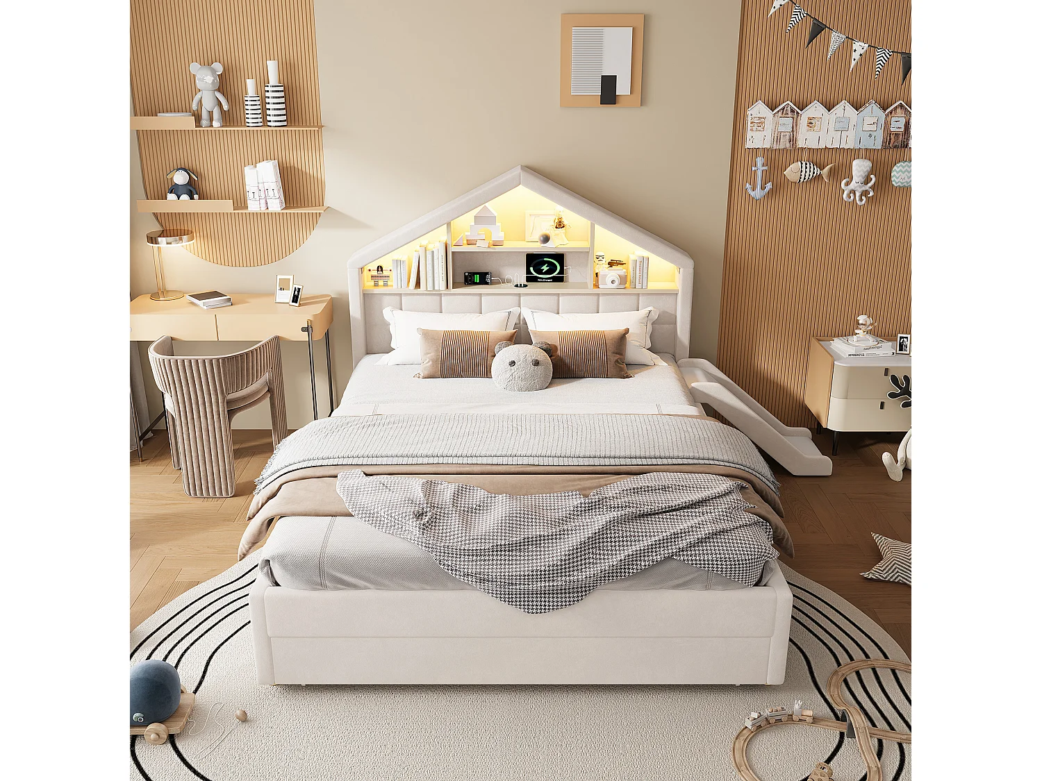 Gepolstertes Kinderbett 140x200cm - mit LED und Ladeanschluss - mit Rutsche - links oder rechts montierbar - Velours - beige (ohne Matratze)