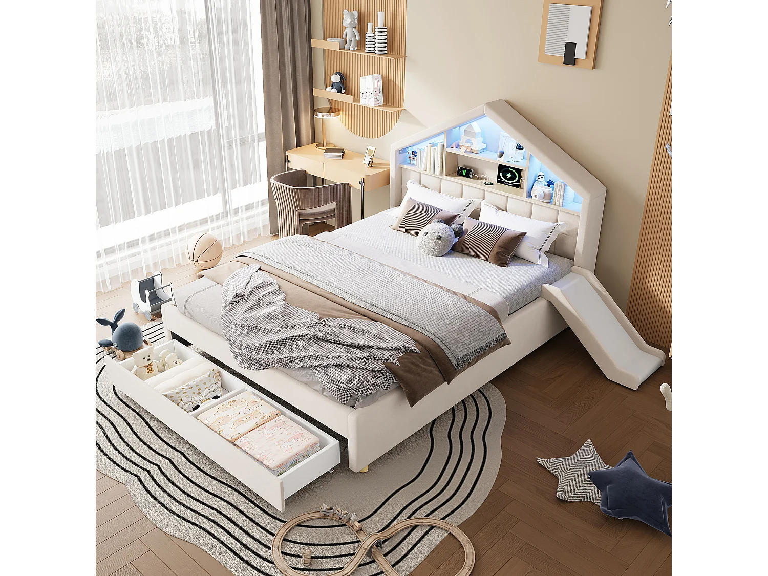 Gepolstertes Kinderbett 140x200cm - mit LED und Ladeanschluss - mit Rutsche - links oder rechts montierbar - Velours - beige (ohne Matratze)