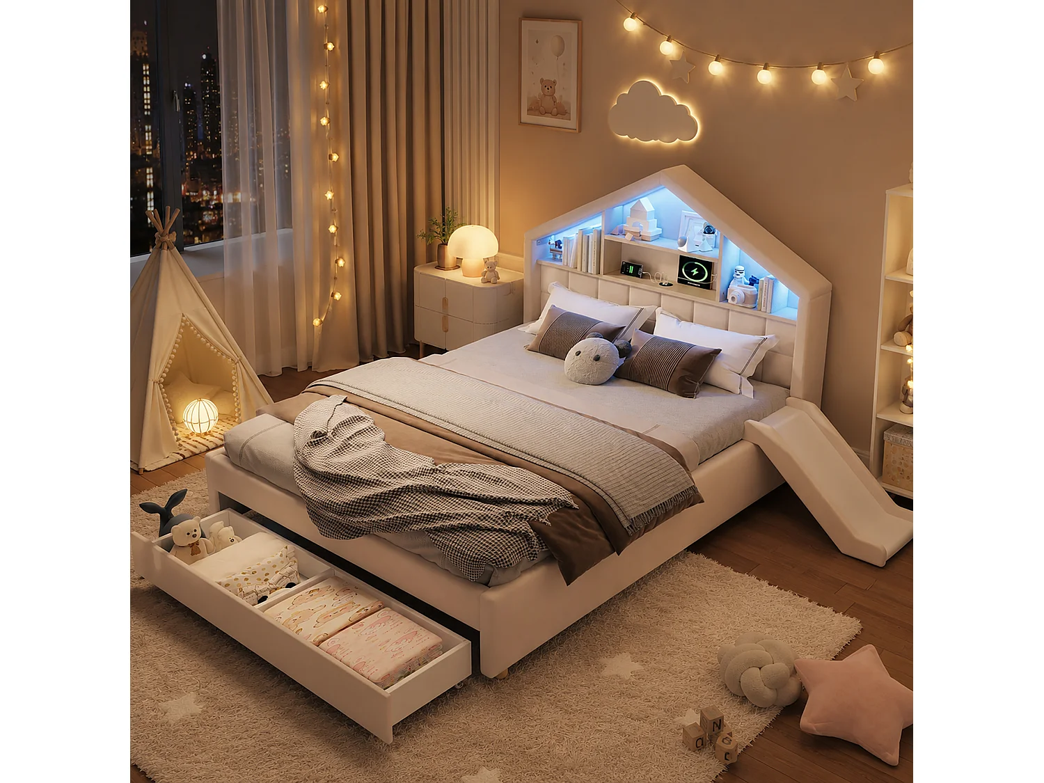Gepolstertes Kinderbett 140x200cm - mit LED und Ladeanschluss - mit Rutsche - links oder rechts montierbar - Velours - beige (ohne Matratze)