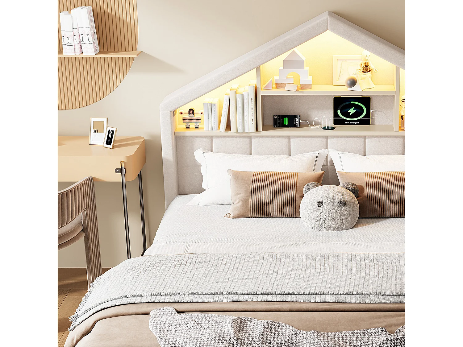 Gepolstertes Kinderbett 140x200cm - mit LED und Ladeanschluss - mit Rutsche - links oder rechts montierbar - Velours - beige (ohne Matratze)