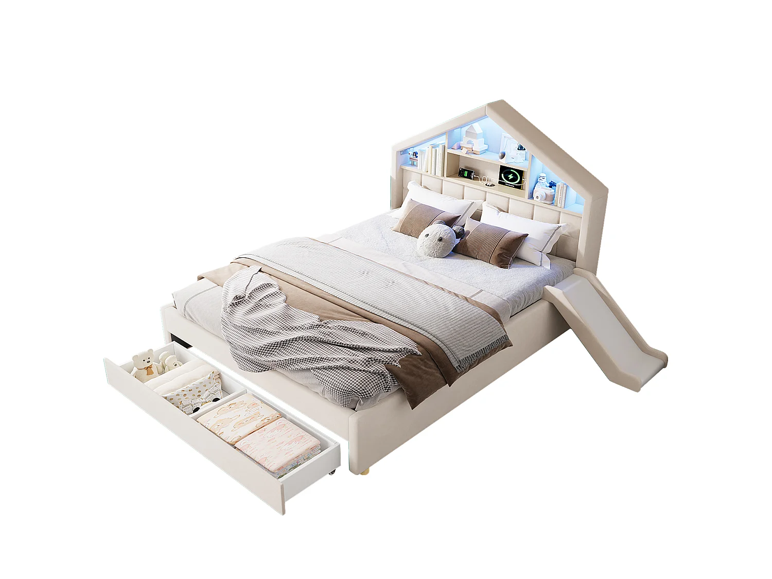 Gepolstertes Kinderbett 140x200cm - mit LED und Ladeanschluss - mit Rutsche - links oder rechts montierbar - Velours - beige (ohne Matratze)