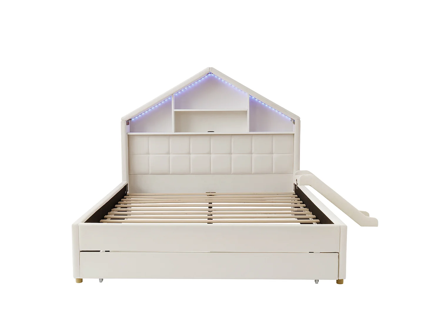 Gepolstertes Kinderbett 140x200cm - mit LED und Ladeanschluss - mit Rutsche - links oder rechts montierbar - Velours - beige (ohne Matratze)