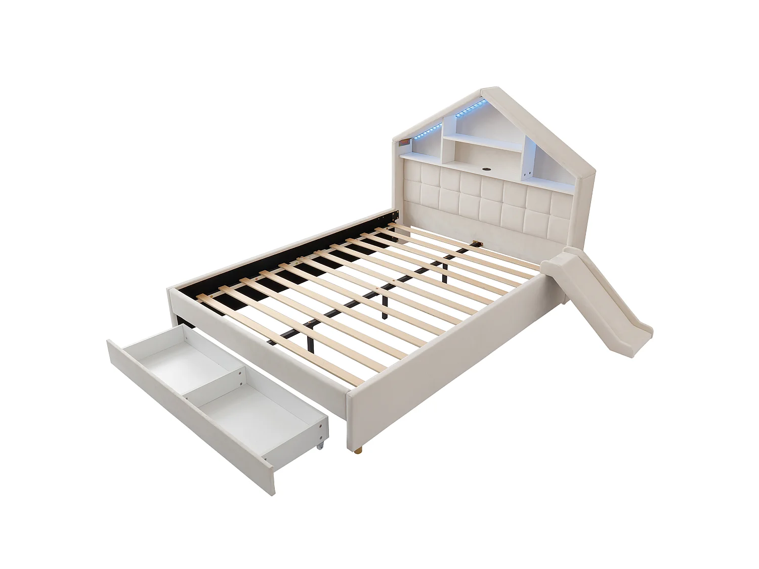 Gepolstertes Kinderbett 140x200cm - mit LED und Ladeanschluss - mit Rutsche - links oder rechts montierbar - Velours - beige (ohne Matratze)