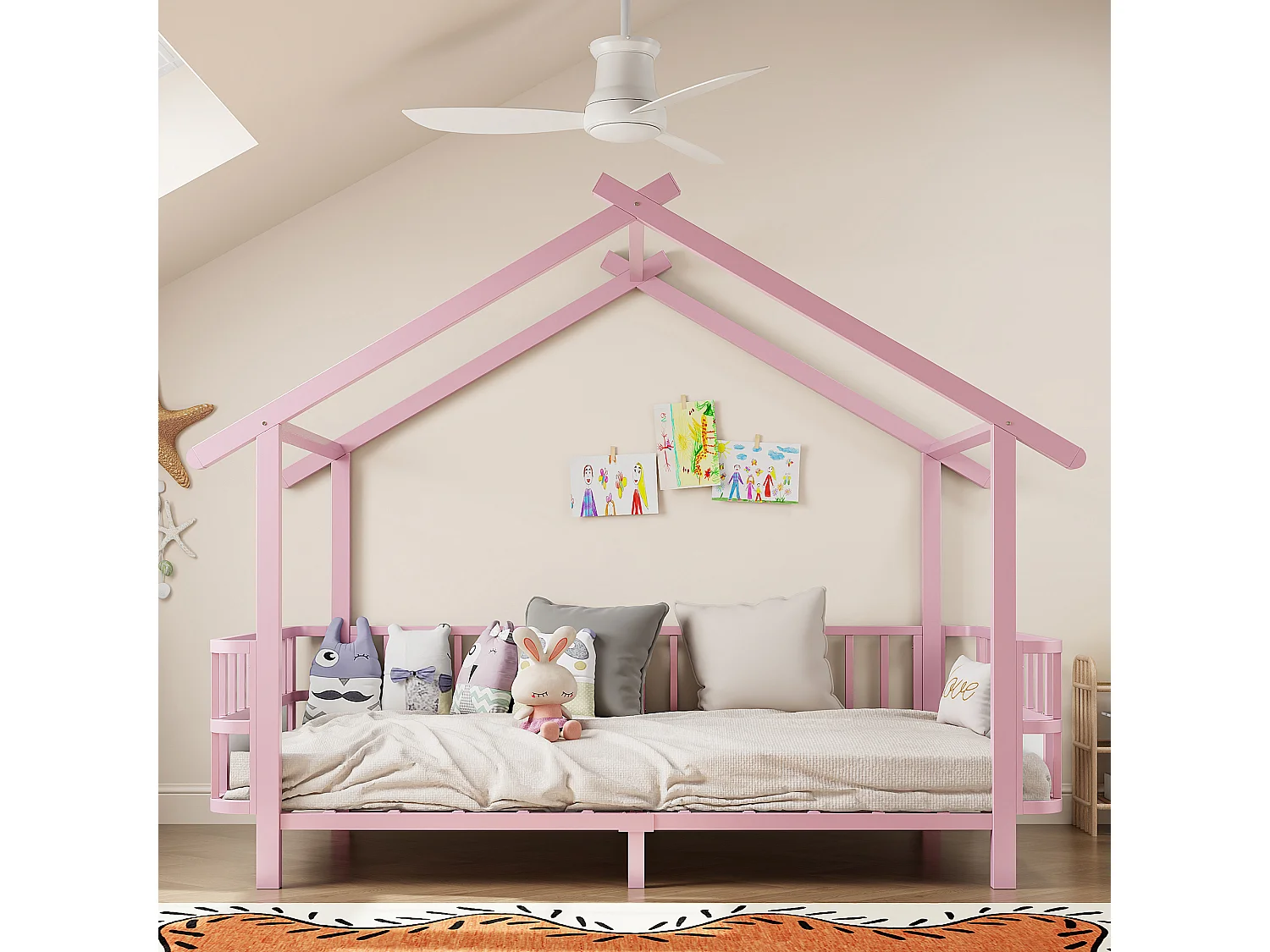 Kinder-Hochbett 90 x 200 cm mit Sicherheitsgittern – Anpassbarer Metallrahmen – Rosa (Matratze nicht im Lieferumfang enthalten)