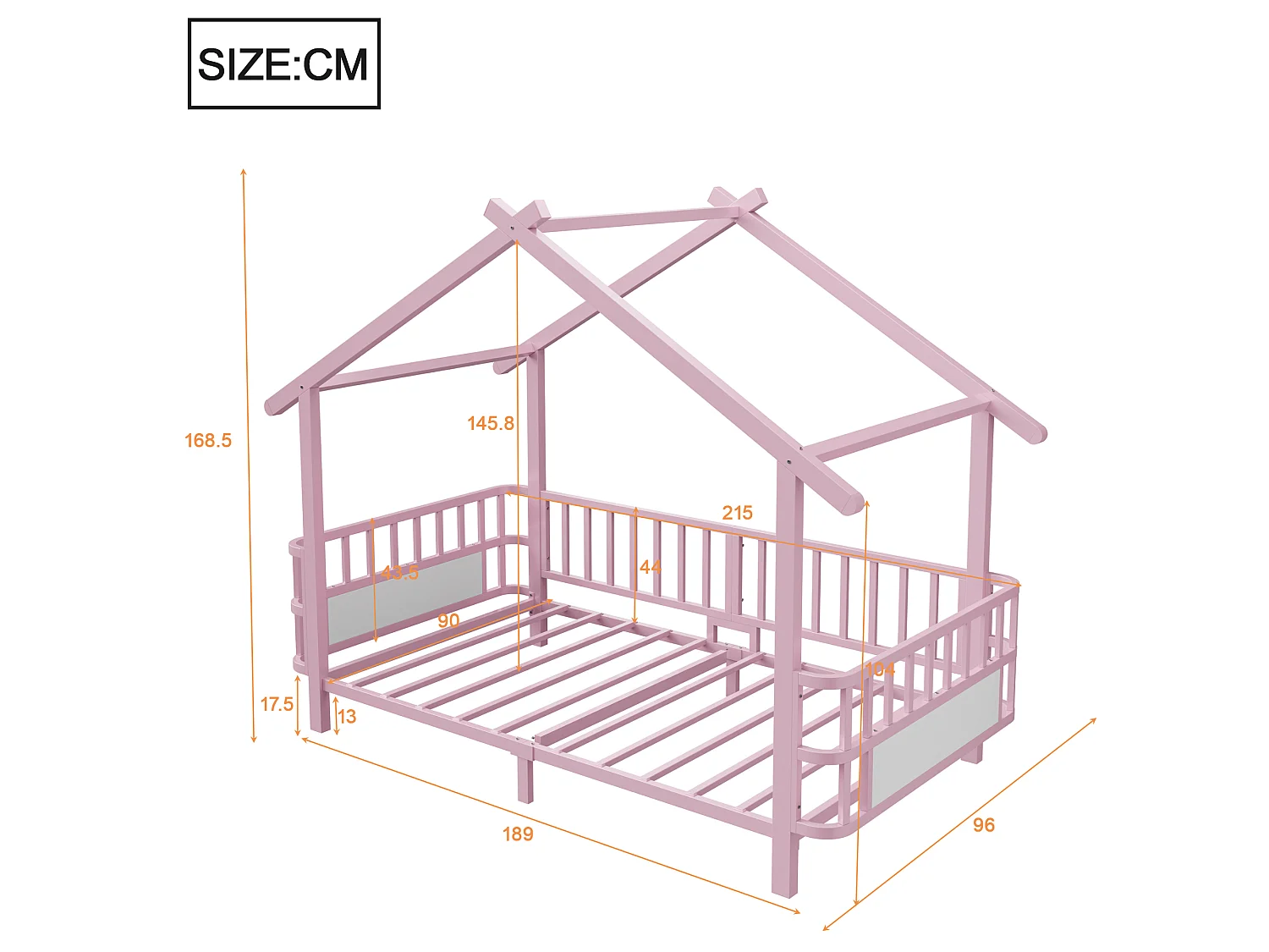 Kinder-Hochbett 90 x 200 cm mit Sicherheitsgittern – Anpassbarer Metallrahmen – Rosa (Matratze nicht im Lieferumfang enthalten)