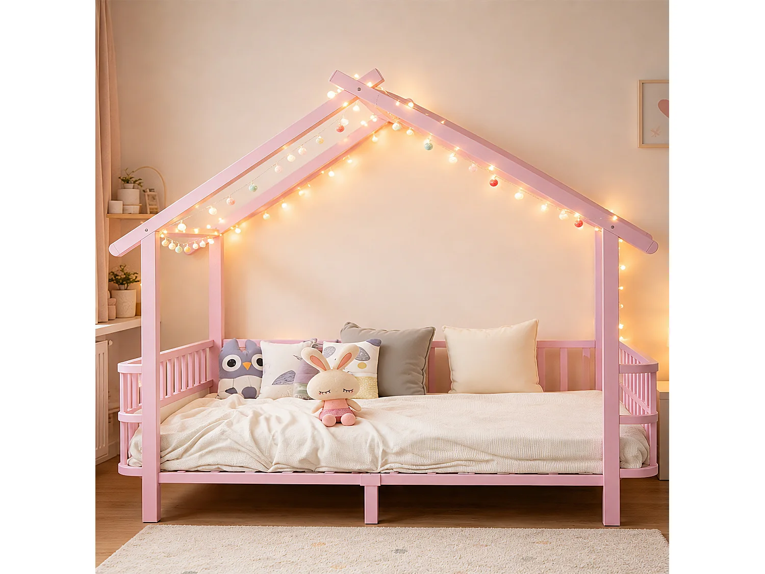 Kinder-Hochbett 90 x 200 cm mit Sicherheitsgittern – Anpassbarer Metallrahmen – Rosa (Matratze nicht im Lieferumfang enthalten)