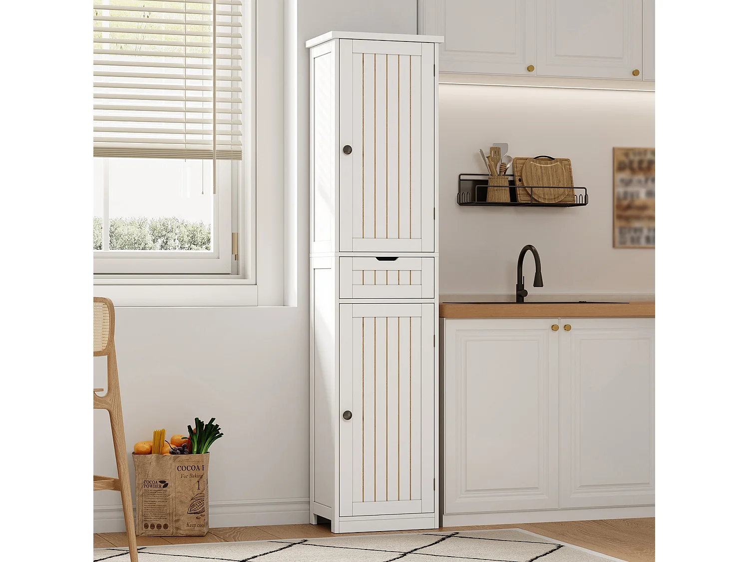 Colonne de rangement avec 2 portes, 1 tiroir et 4 étagères réglables, buffet de cuisine - 40 x 30 x 170 cm - MDF - Blanc