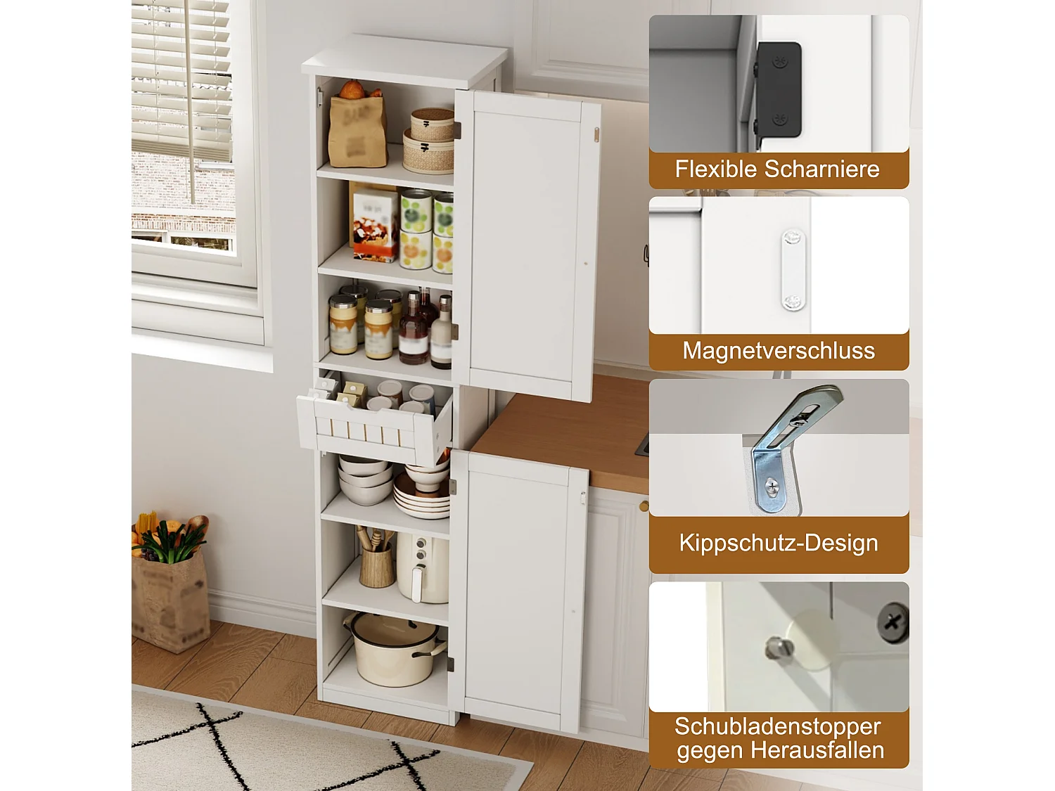 Colonne de rangement avec 2 portes, 1 tiroir et 4 étagères réglables, buffet de cuisine - 40 x 30 x 170 cm - MDF - Blanc