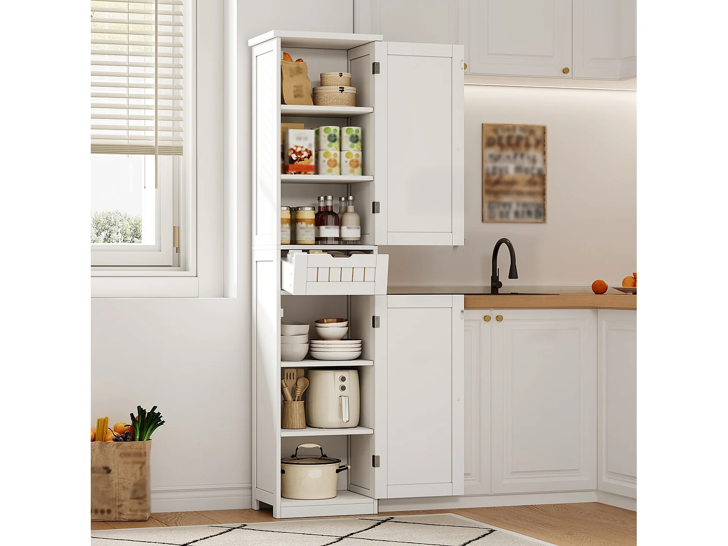 Colonne de rangement avec 2 portes, 1 tiroir et 4 étagères réglables, buffet de cuisine - 40 x 30 x 170 cm - MDF - Blanc