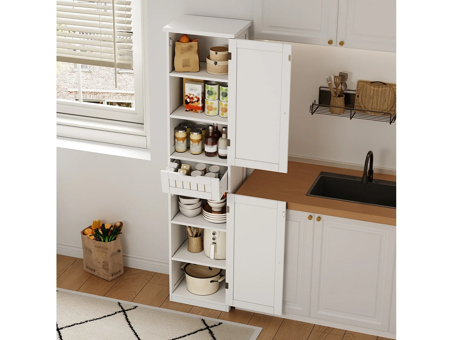 Colonne de rangement avec 2 portes, 1 tiroir et 4 étagères réglables, buffet de cuisine - 40 x 30 x 170 cm - MDF - Blanc
