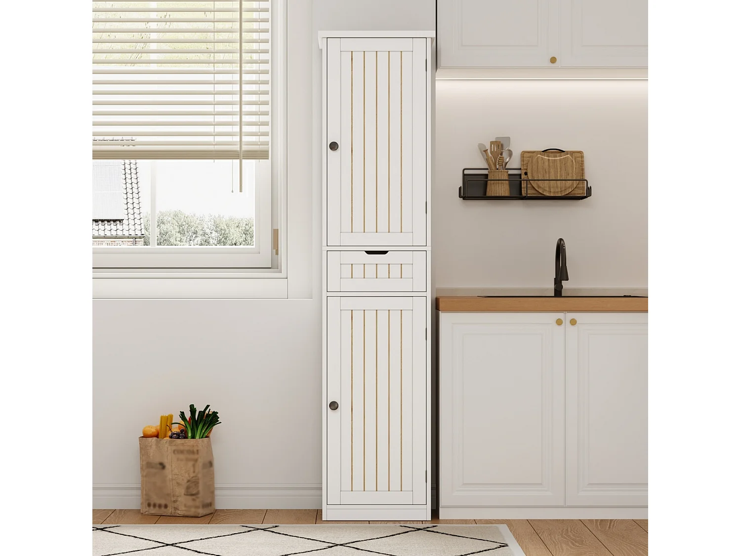 Colonne de rangement avec 2 portes, 1 tiroir et 4 étagères réglables, buffet de cuisine - 40 x 30 x 170 cm - MDF - Blanc