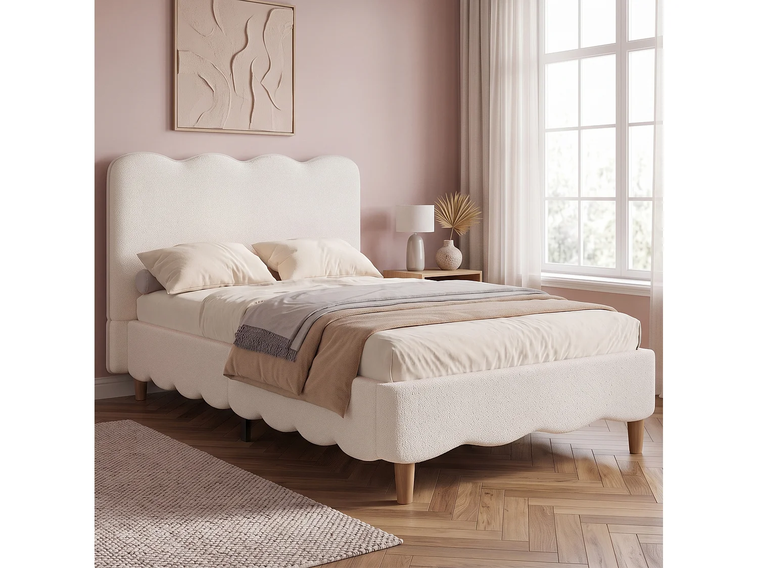 Lit simple capitonné 90x200 cm - Lit enfant avec tête de lit capitonnée - Pieds en bois massif - Tissu à boucles - Blanc (sans matelas)