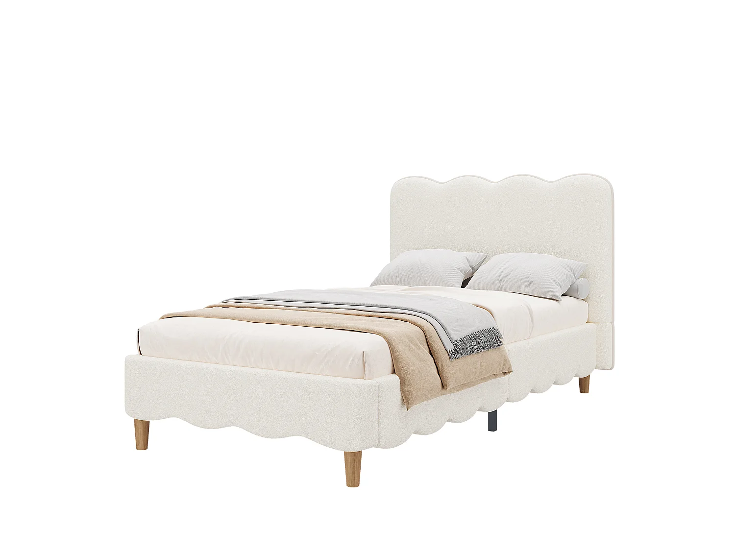 Lit simple capitonné 90x200 cm - Lit enfant avec tête de lit capitonnée - Pieds en bois massif - Tissu à boucles - Blanc (sans matelas)
