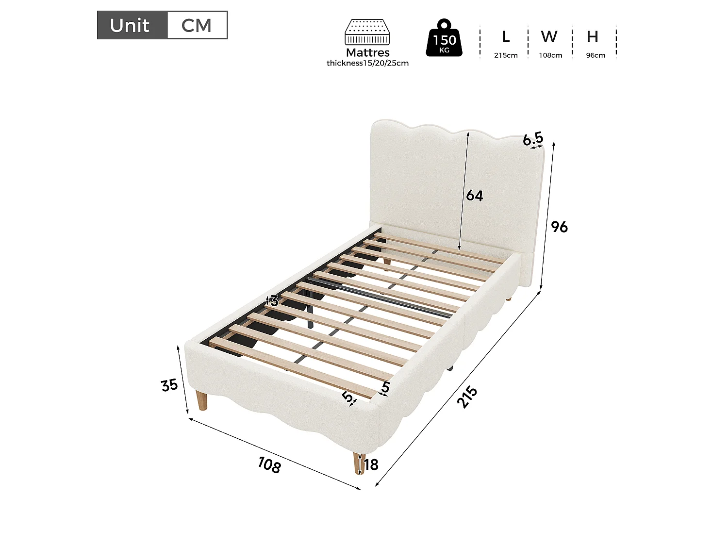 Lit simple capitonné 90x200 cm - Lit enfant avec tête de lit capitonnée - Pieds en bois massif - Tissu à boucles - Blanc (sans matelas)