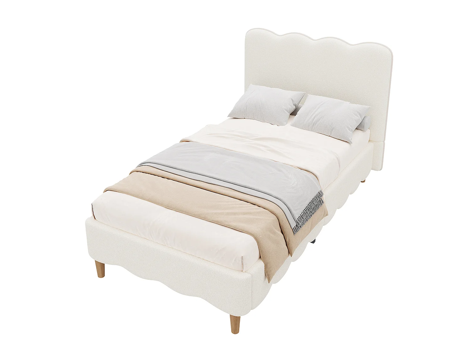 Lit simple capitonné 90x200 cm - Lit enfant avec tête de lit capitonnée - Pieds en bois massif - Tissu à boucles - Blanc (sans matelas)