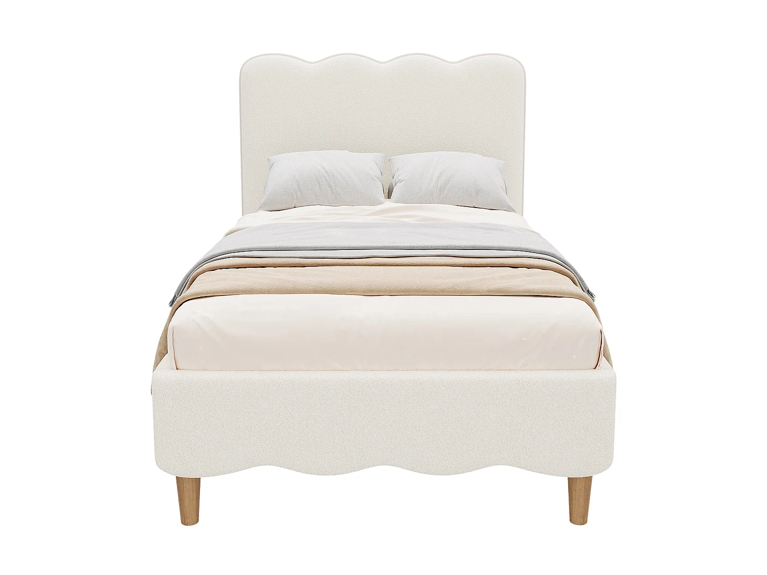 Lit simple capitonné 90x200 cm - Lit enfant avec tête de lit capitonnée - Pieds en bois massif - Tissu à boucles - Blanc (sans matelas)