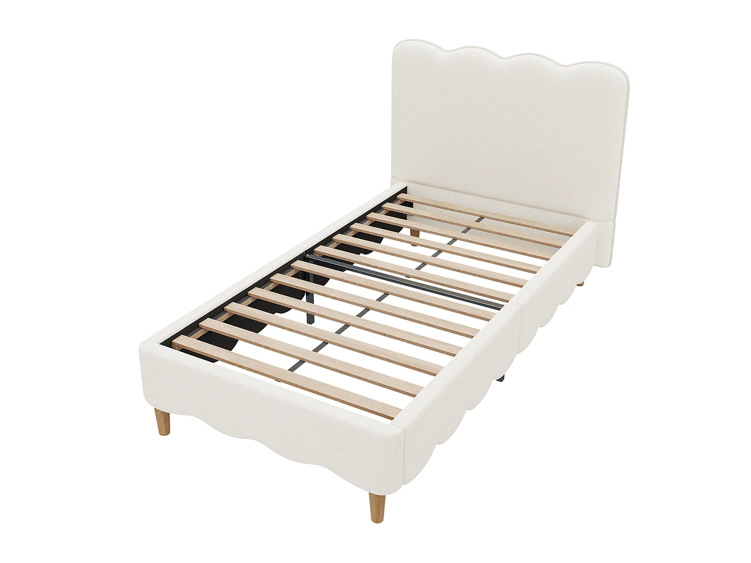Lit simple capitonné 90x200 cm - Lit enfant avec tête de lit capitonnée - Pieds en bois massif - Tissu à boucles - Blanc (sans matelas)
