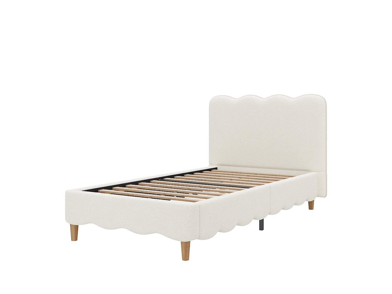 Lit simple capitonné 90x200 cm - Lit enfant avec tête de lit capitonnée - Pieds en bois massif - Tissu à boucles - Blanc (sans matelas)