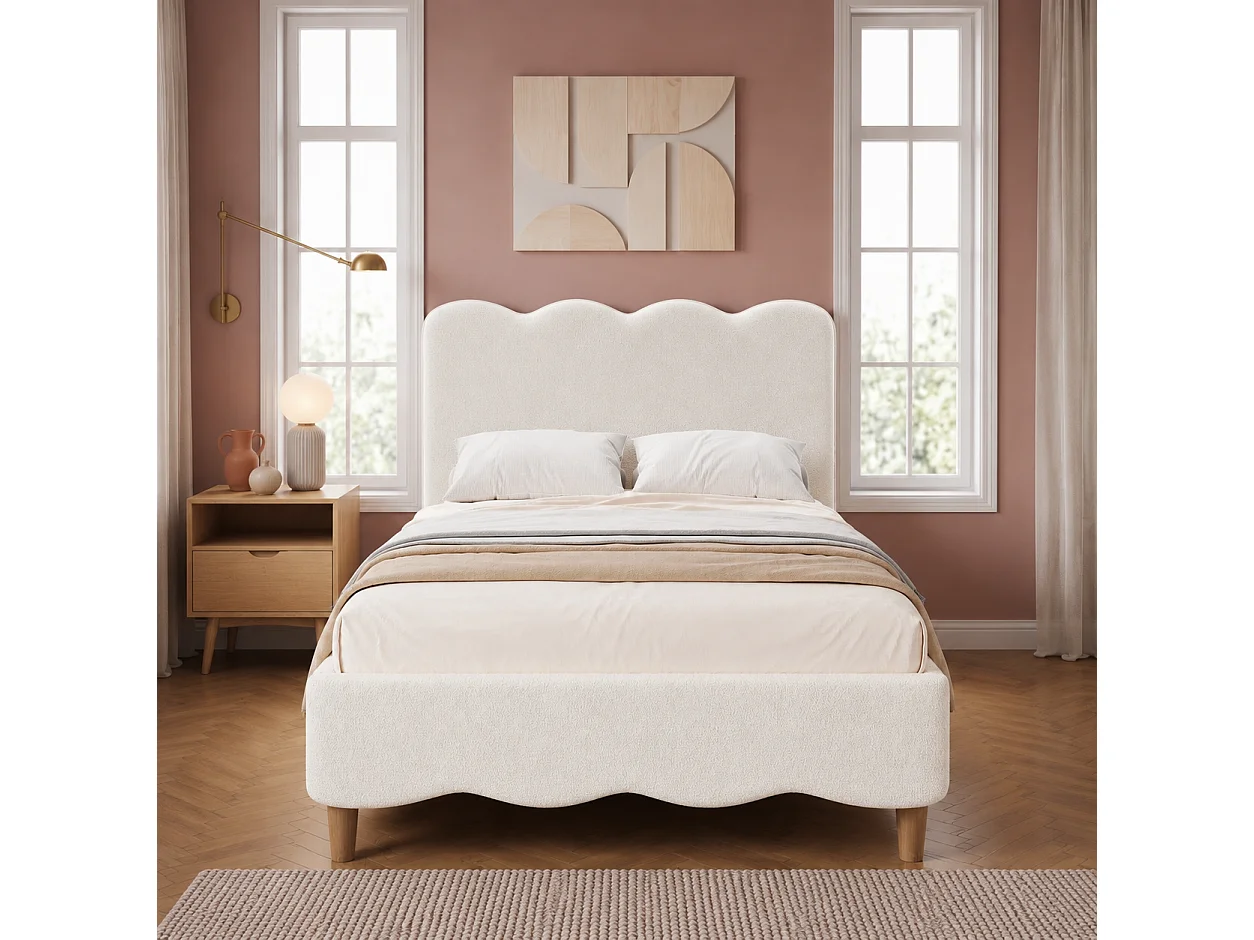 Lit simple capitonné 90x200 cm - Lit enfant avec tête de lit capitonnée - Pieds en bois massif - Tissu à boucles - Blanc (sans matelas)