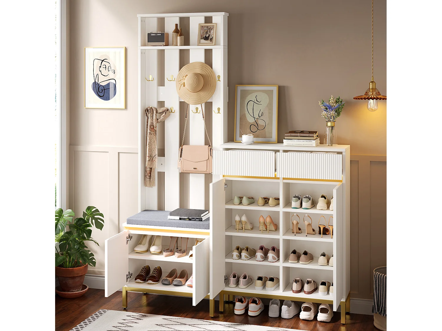 Ensemble vestiaire d'entrée et meuble à chaussures - Avec banc, crochets et éclairage LED - MDF+panneaux de particules - Blanc