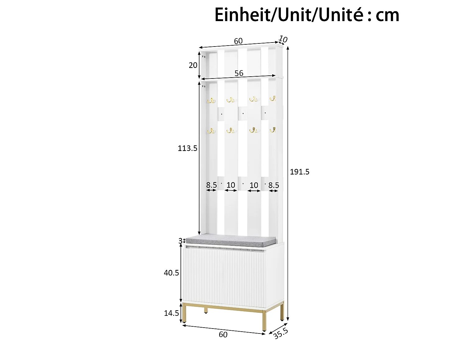 Ensemble vestiaire d'entrée et meuble à chaussures - Avec banc, crochets et éclairage LED - MDF+panneaux de particules - Blanc