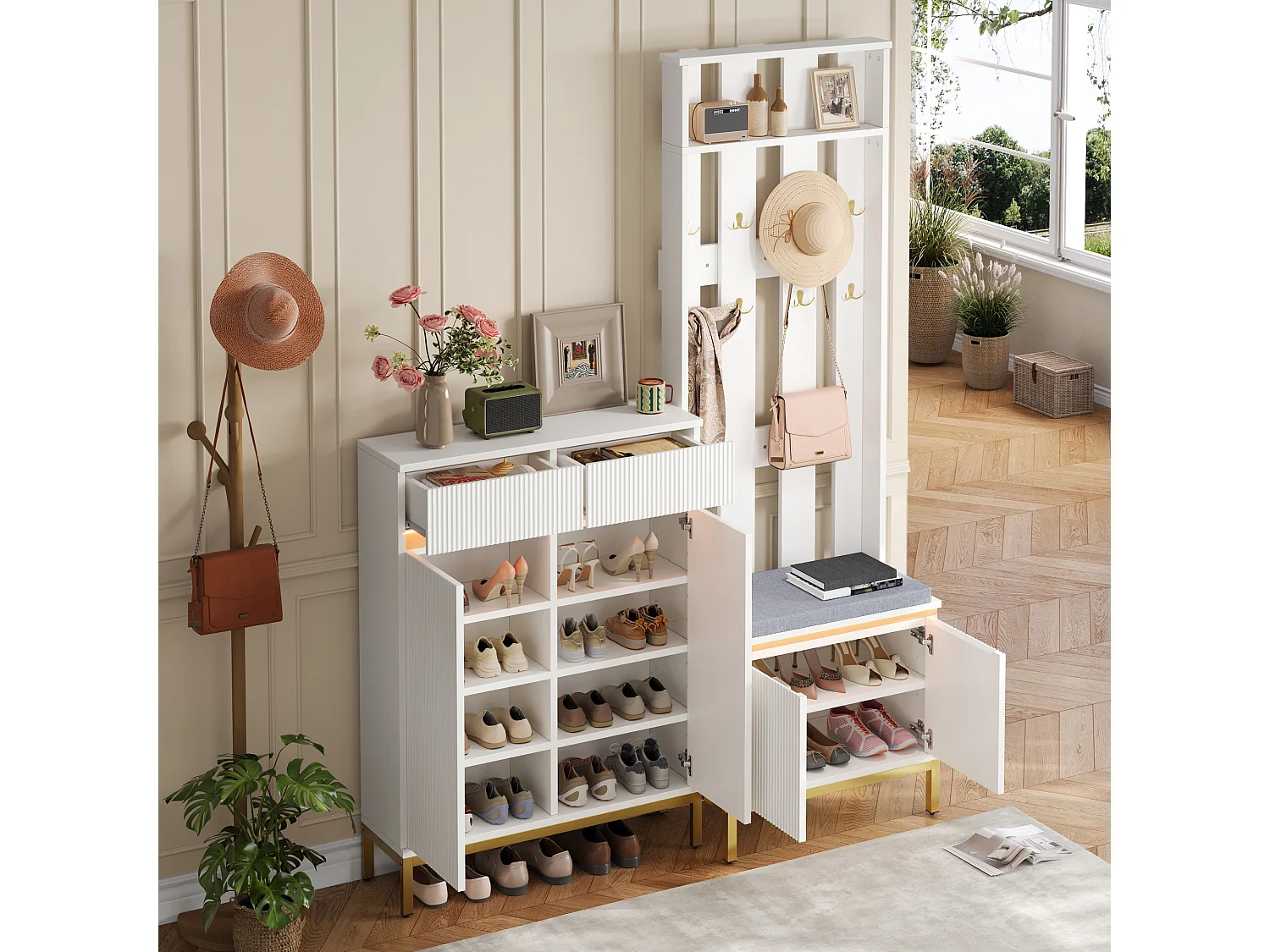 Ensemble vestiaire d'entrée et meuble à chaussures - Avec banc, crochets et éclairage LED - MDF+panneaux de particules - Blanc