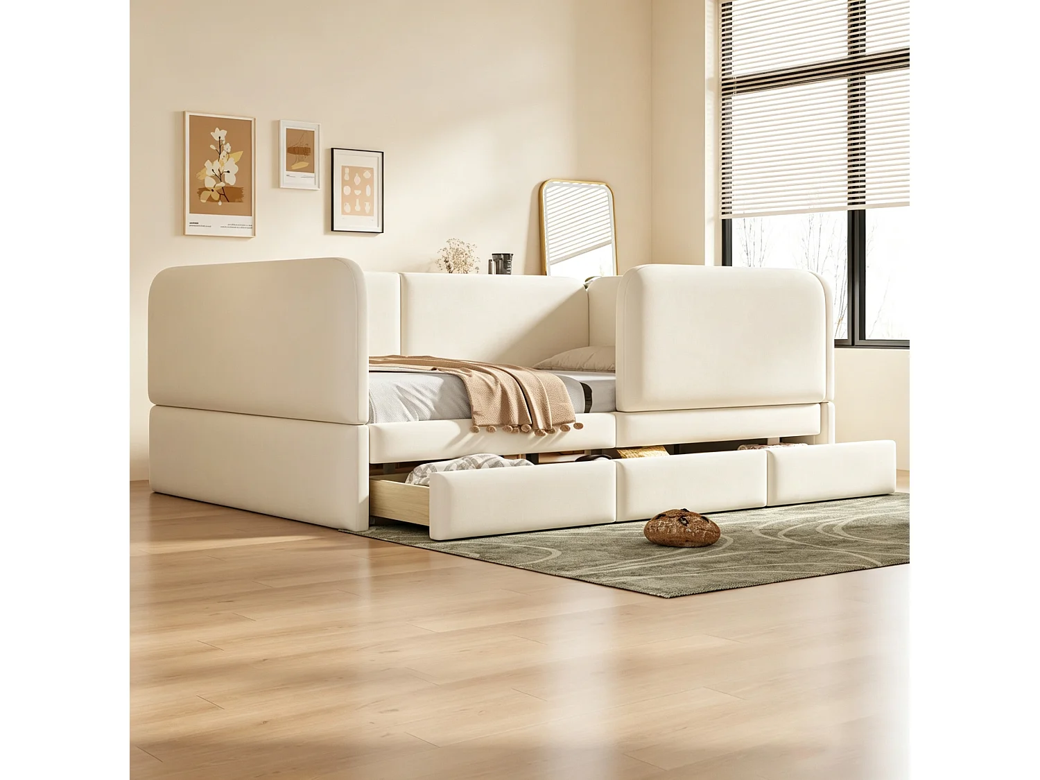 Kinderbed gevoerd 140 x 200 cm - met 3 laden - fluweelstof - beige (matras niet inbegrepen)