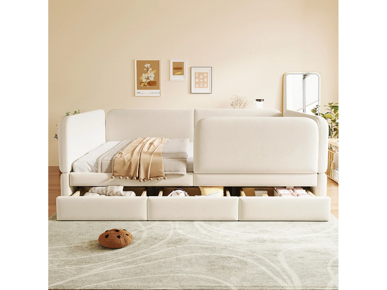 Kinderbed gevoerd 140 x 200 cm - met 3 laden - fluweelstof - beige (matras niet inbegrepen)