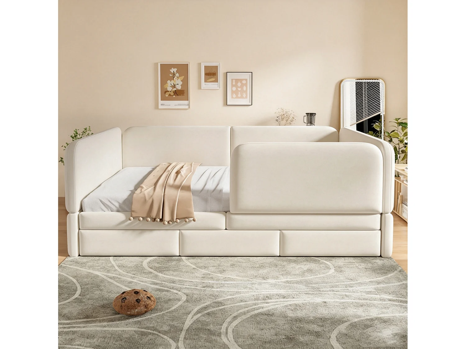 Kinderbed gevoerd 140 x 200 cm - met 3 laden - fluweelstof - beige (matras niet inbegrepen)